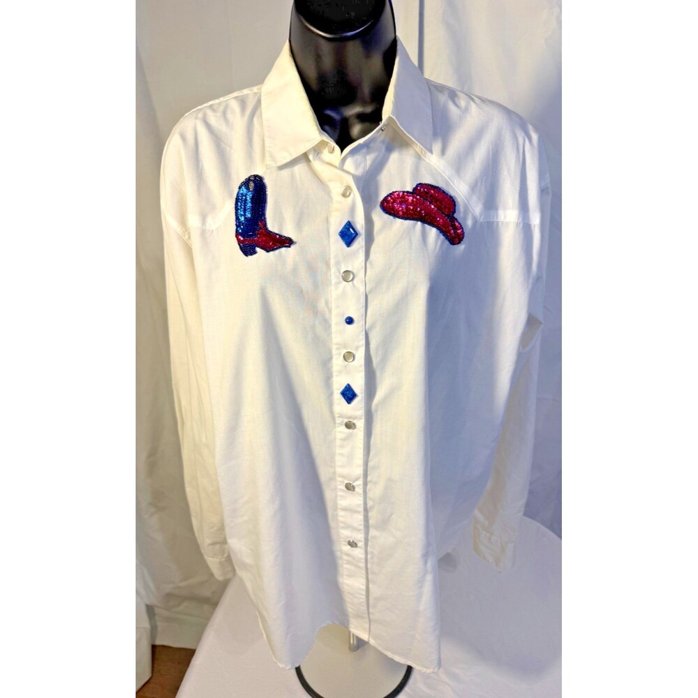 Sheplers Rodeo Show Western Shirt Snaps White Sequins Women's 10 Medium